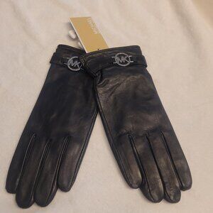 Michael Kors black leather gloves with silver MK logo, size L, new with tags